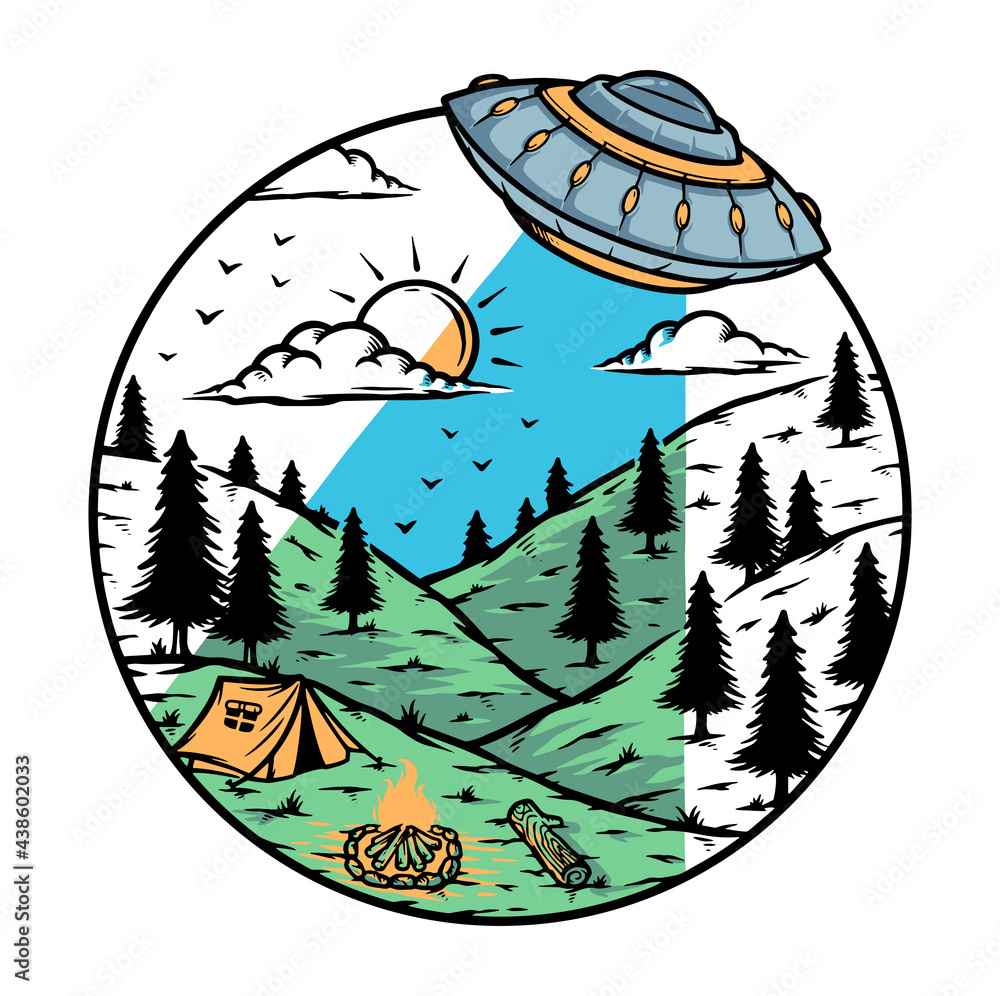 Alien invasion on the mountain illustration Stock Vector | Adobe Stock