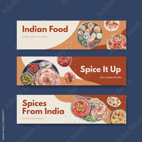 Banner template with Indian food concept design for advertise and marketing watercolor illustraton