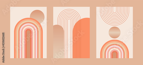 Set of vector abstract boho posters. Minimalist design for background, cover, wallpaper, print, card, wall decor, social media, stories, branding. Landscapes, lines, balance shapes.