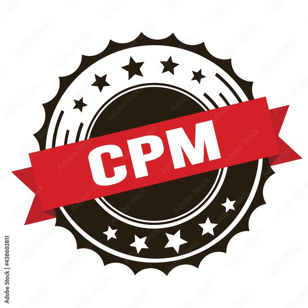 CPM text on red brown ribbon stamp.