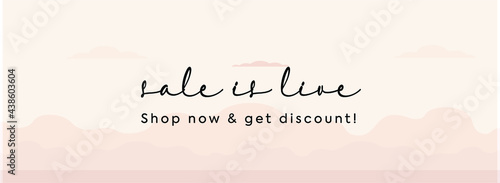 sale is live. sale is live announcement banner and cover. sale is live in hand written font with light pink background. shop now, and get discount. live sale announcement. 