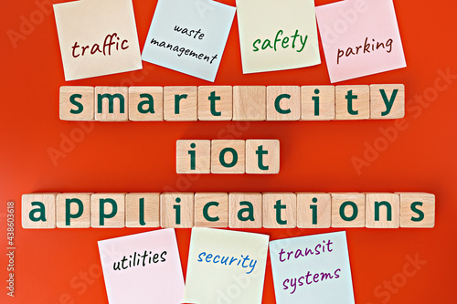 smart city IoT(internet of things) applications model. wooden cubes with the words 