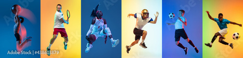 Fototapeta Naklejka Na Ścianę i Meble -  Soccer or american football, fitness, basketball and tennis. Collage of different professional sportsmen in action and motion isolated on multicolored background