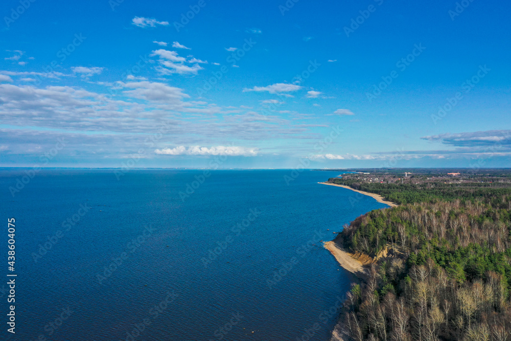 Fototapeta premium Aerial view of the coastline of the Gulf of Finland. Sandy coast and forest belt. Treetops, blue sky.