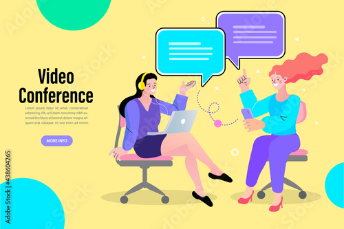 man and woman in video conference with colleagues. Teleconference for work from home concept. Videoconferencing and online meeting workspace.