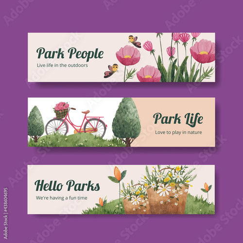 Banner template with park and family concept design for advertise watercolor illustration