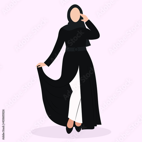 Arabic young woman in hijab, Muslim girl in fashion traditional black dress abaya from UAE or Saudi Arabia posing, facaless islamic model vector illustration