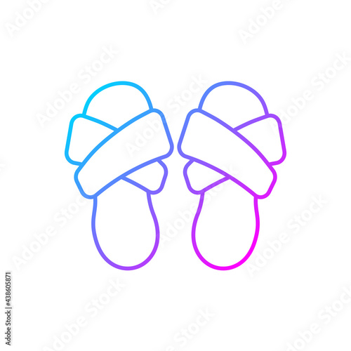 Cross band slippers gradient linear vector icon. Footwear for lounging at home. Comfortable shoes. Domestic flip flops. Thin line color symbols. Modern style pictogram. Vector isolated outline drawing