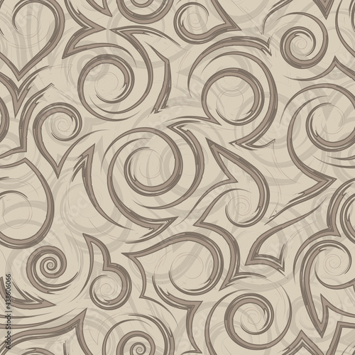 Vector beige geometric seamless pattern of flowing spirals curls and corners.Vector pastel color geometric seamless texture of smooth and broken lines.Stylized beige pattern of water flow or waves.