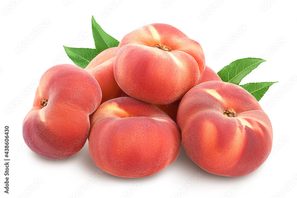Ripe chinese flat peach fruit with leaf isolated on white background with clipping path and full depth of field Ripe chinese flat peach fruit with leaf isolated on white background with clipping path and full depth of field