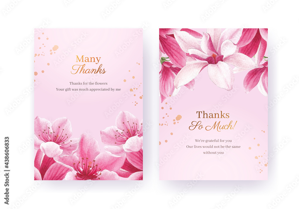 Thank you card template with blossom bird concept design watercolor illustration