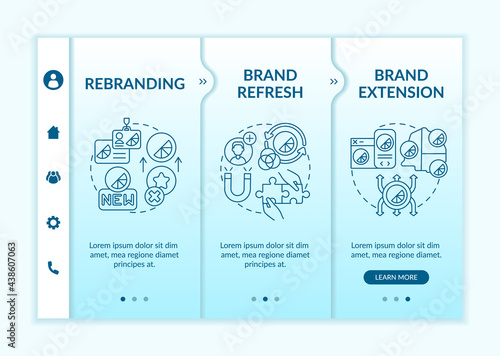 Brand identity change onboarding vector template. Responsive mobile website with icons. Web page walkthrough 3 step screens. Brand refresh, stretching color concept with linear illustrations
