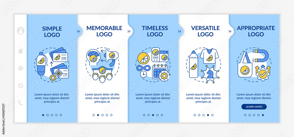 Fundamental logo design rules onboarding vector template. Responsive mobile website with icons. Web page walkthrough 5 step screens. Simplicity, versatility color concept with linear illustrations