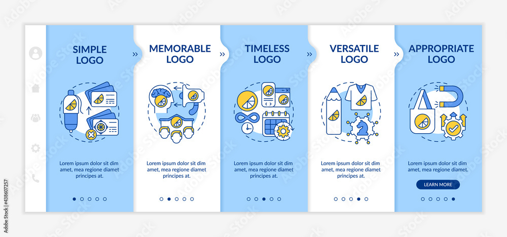 Naklejka premium Fundamental logo design rules onboarding vector template. Responsive mobile website with icons. Web page walkthrough 5 step screens. Simplicity, versatility color concept with linear illustrations
