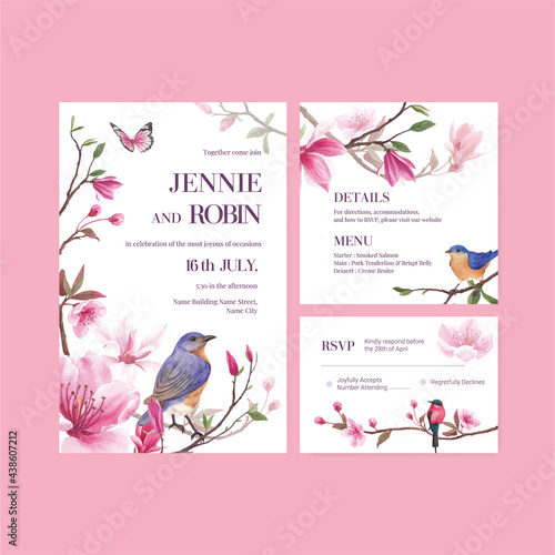 Wedding card template with blossom bird concept design watercolor illustration