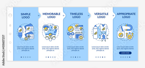 Fundamental logo design rules onboarding vector template. Responsive mobile website with icons. Web page walkthrough 5 step screens. Simplicity, versatility color concept with linear illustrations
