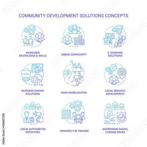Community development solutions concept icons set. Addressing social change issues idea thin line color illustrations. Urban community. Local services development. Vector isolated outline drawings