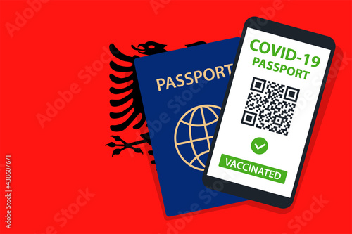 Covid-19 Passport on Albania Flag Background. Vaccinated. QR Code. Smartphone. Immune Health Cerificate. Vaccination Document. Vector