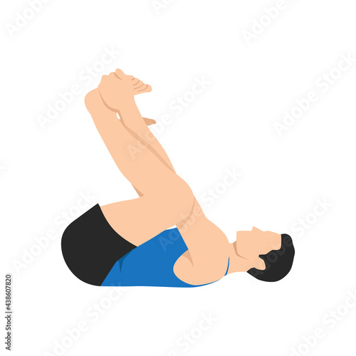 Man doing happy baby pose exercise. Flat vector illustration isolated on white background