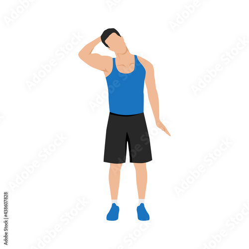 Man doing neck stretch exercise. Flat vector illustration isolated on white background