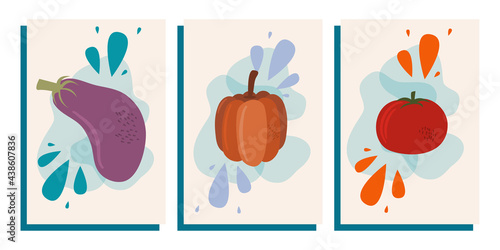 Fashion abstract poster still life with vegetables. Collection of contemporary art. Abstract geometric elements, shapes for social networks with eggplant, pumpkin and tomato
