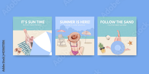 Advertise template with beach vacation concept design for marketing watercolor illustration