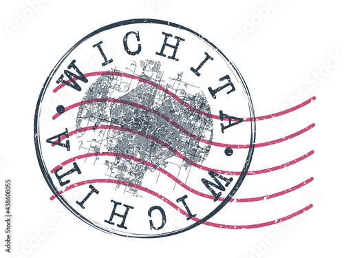 Wichita, KS, USA Stamp Map Postal. Silhouette Seal Roads and Streets. Passport Round Design. Vector Icon. Design Retro Travel National Symbol.