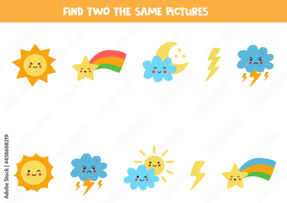 Find two identical weather objects. Educational game for preschool children.