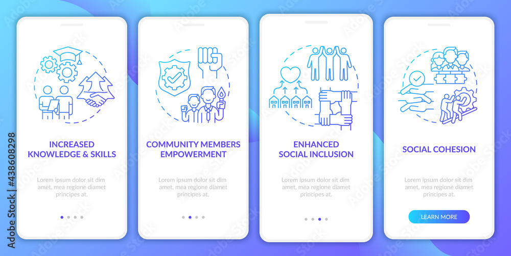 Social unit progress benefits onboarding mobile app page screen with concepts. Social cohesion walkthrough 4 steps graphic instructions. UI, UX, GUI vector template with linear color illustrations