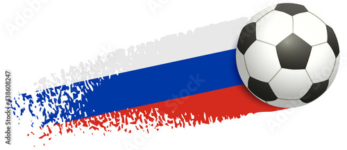 Soccer ball flying on background of Russian flag. European football championship 2020 and 2021