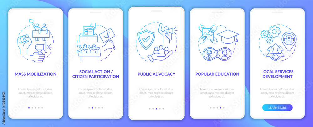 Social unit change strategies onboarding mobile app page screen with concepts. Social action walkthrough 5 steps graphic instructions. UI, UX, GUI vector template with linear color illustrations Social unit change strategies onboarding mobile app page screen with concepts. Social action walkthrough 5 steps graphic instructions. UI, UX, GUI vector template with linear color illustrations