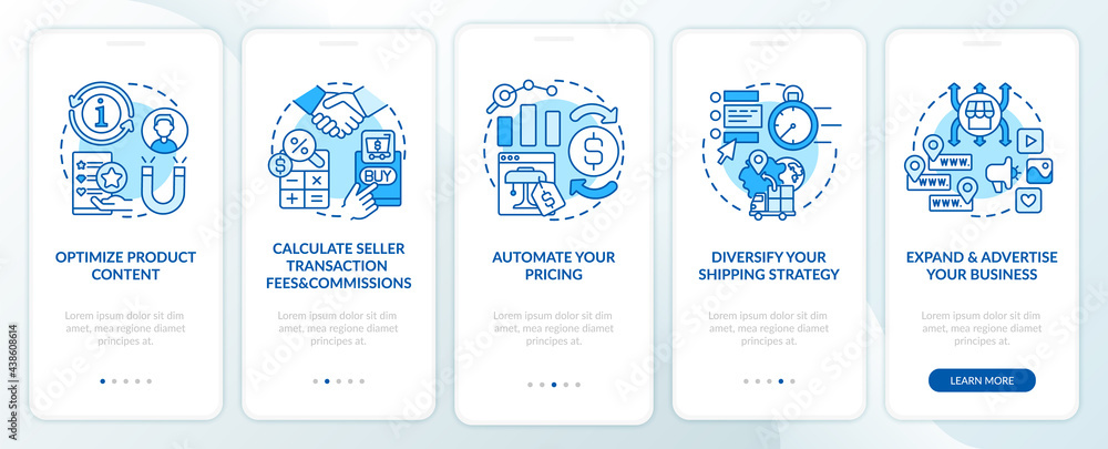 Online market place success onboarding mobile app page screen. Calculate commissions walkthrough 5 steps graphic instructions with concepts. UI, UX, GUI vector template with linear color illustrations Online market place success onboarding mobile app page screen. Calculate commissions walkthrough 5 steps graphic instructions with concepts. UI, UX, GUI vector template with linear color illustrations