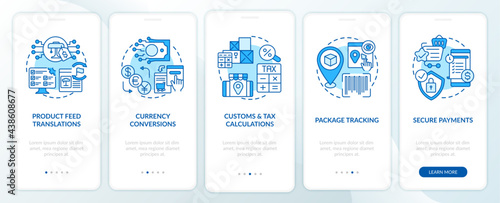 Global market place service onboarding mobile app page screen. Delivery tracking walkthrough 5 steps graphic instructions with concepts. UI, UX, GUI vector template with linear color illustrations