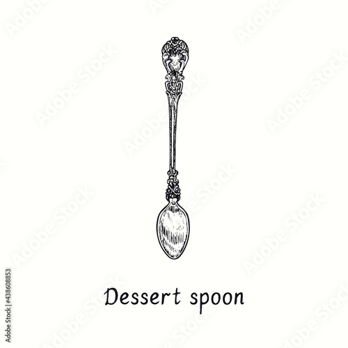 Dessert spoon with retro style decor. Ink black and white drawing  woodcut vintage style  illustration