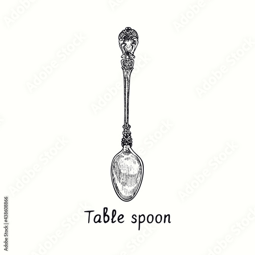 Table spoon with retro style decor. Ink black and white drawing  woodcut vintage style  illustration