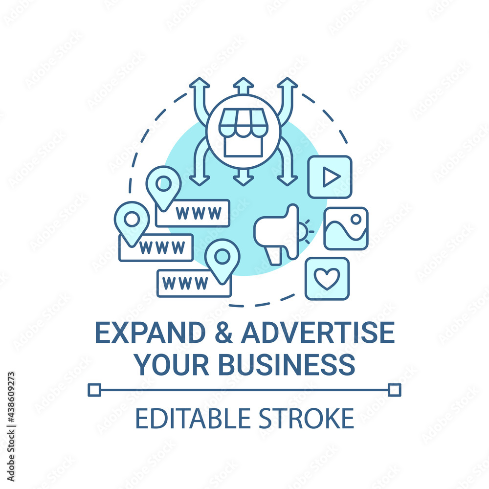 Expand and advertise business concept icon. Growing ecommerce store abstract idea thin line illustration. Generating more profit. Vector isolated outline color drawing. Editable stroke Expand and advertise business concept icon. Growing ecommerce store abstract idea thin line illustration. Generating more profit. Vector isolated outline color drawing. Editable stroke