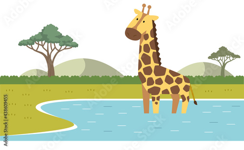 キリンと水辺のイラスト素材