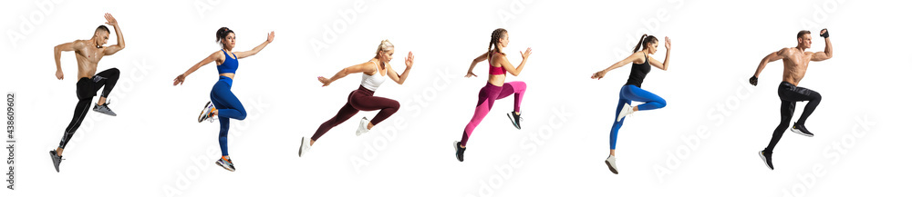 Development of motions of young athletic fit men and women in action isolated over white background. Flyer. Development of motions of young athletic fit men and women in action isolated over white background. Flyer.