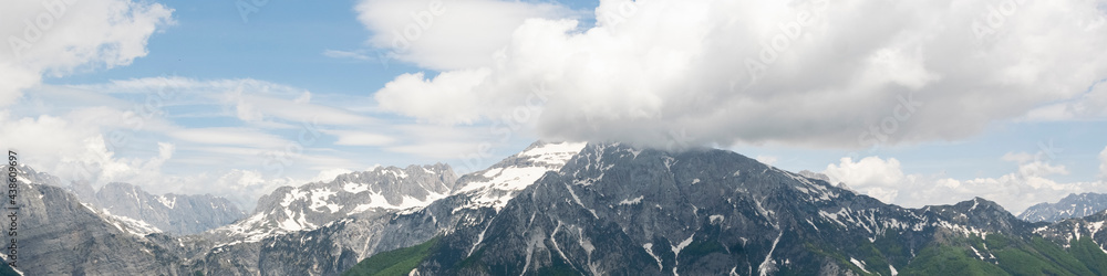 Albanian mountain Alps. Mountain landscape, picturesque mountain view in the summer morning, large panorama