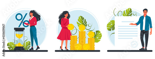 Loan with Interest Rate, Banking Service. people with a huge percent sign, hourglass, a bunch of coins, sign a document. People Characters Visiting Bank or Micro Credit Finance Organization Concept.