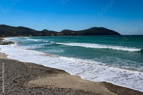 Saint-Cyr-sur-Mer beach. It's a commune in the Var department in the Provence-Alpes-Côte d'Azur region in Southeastern France. It neighbours La Ciotat to the west and Bandol to the east.