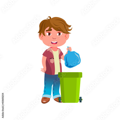 helpful boy kid taking out trash in bucket cartoon vector. helpful boy kid taking out trash in bucket character. isolated flat cartoon illustration