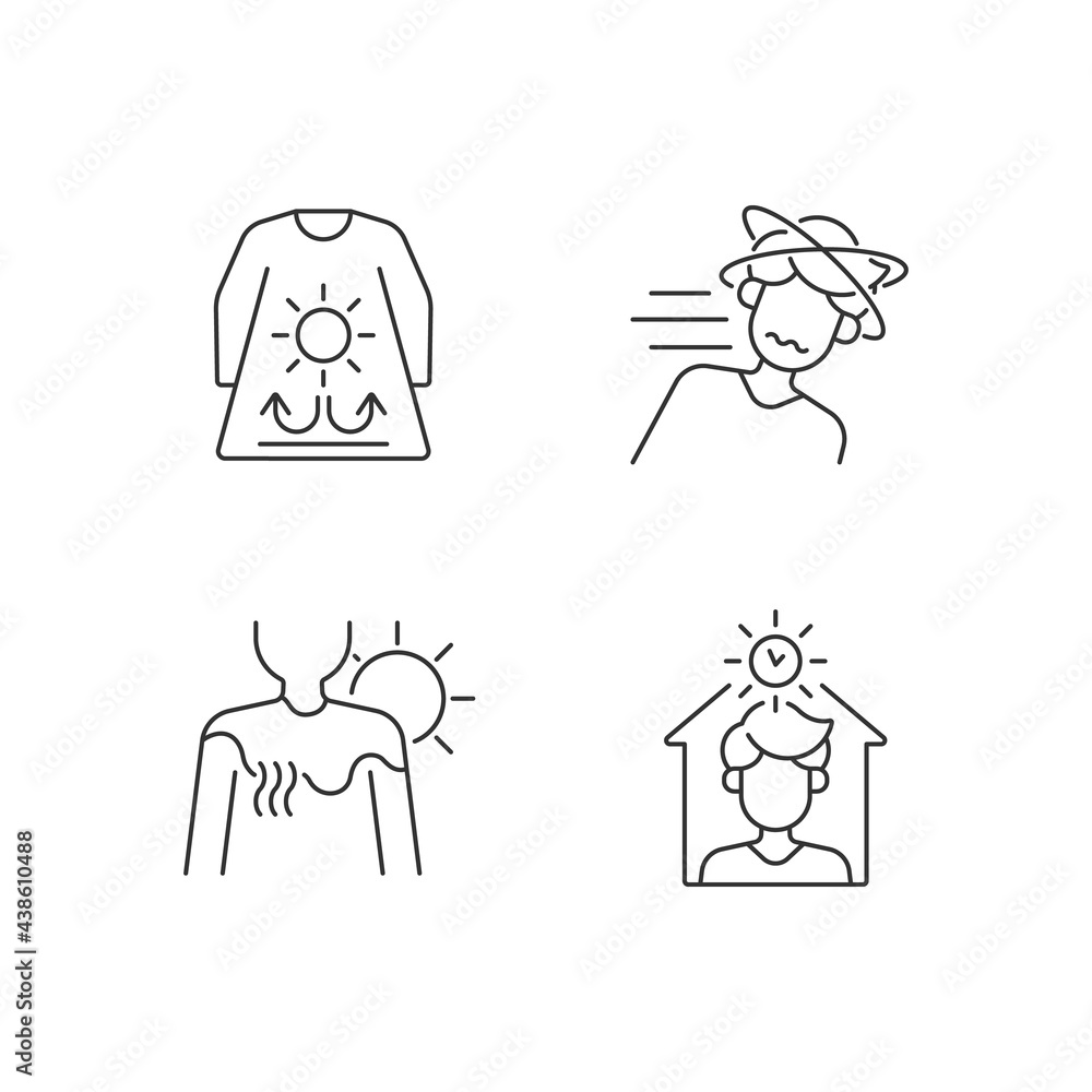 Sunstroke risk during summer linear icons set. Long sleeves and loose clothing. Sunburn in summer. Customizable thin line contour symbols. Isolated vector outline illustrations. Editable stroke Sunstroke risk during summer linear icons set. Long sleeves and loose clothing. Sunburn in summer. Customizable thin line contour symbols. Isolated vector outline illustrations. Editable stroke