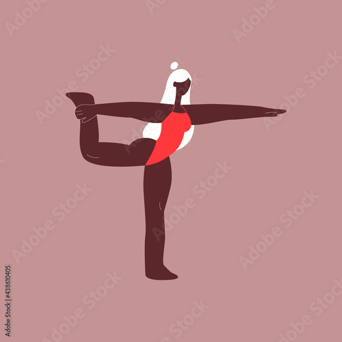Young Woman in red swimwear doing Yoga. Girl in NATARAJASANA yoga pose. Vector illustration in flat style. Eps 10.