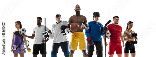 Sport collage. Tennis, fitness, soccer football, boxing, golf, hockey players posing isolated on white studio background.