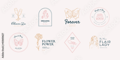 Trending logo template for wedding, wedding agency, decor, wedding decor, photographer, event agency. Elegant typography, linear illustration, line art