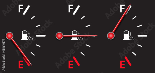 Vertical fuel meter set indicating empty, half, full tank vector design. Gas level illustration on black background to use in transportation, logistics, car consumption projects.