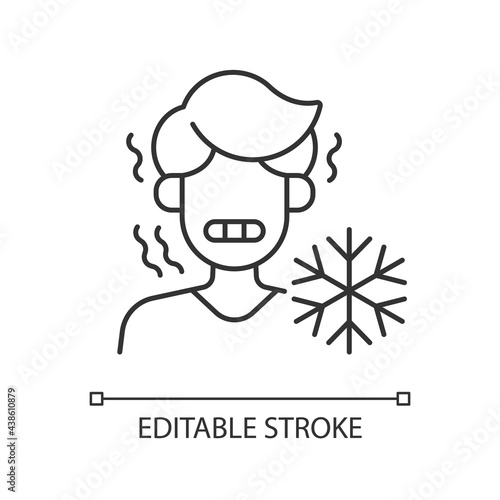 Chills linear icon. Man shiver from cold. Person in cool weather. Human freeze in low temperature. Thin line customizable illustration. Contour symbol. Vector isolated outline drawing. Editable stroke