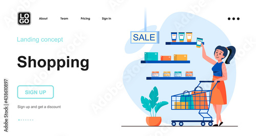 Shopping web concept. Woman buys cosmetics in store on sale. Buyer makes purchases at supermarket. Template of people scene. Vector illustration with character activities in flat design for website