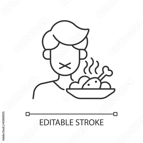 Loss of appetite linear icon. Restriction in food. Symptom of heatstroke. Man refuses meal. Thin line customizable illustration. Contour symbol. Vector isolated outline drawing. Editable stroke